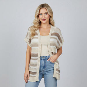Chico's 1 Medium Beige Brown Short Sleeve Cardigan